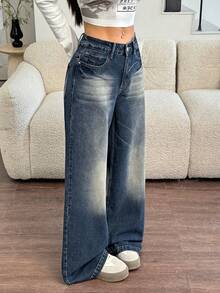 SHEIN EZwear Quần jeans ống đứng thêu họa tiết cổ điển lấy cảm hứng từ châu Á dành cho nữ - Rửa tối - Xem 4