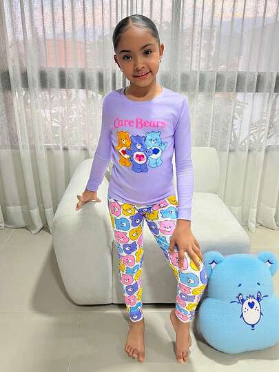 SHEIN X Care Bears 2pcs Tween Girl Bear Print Purple Knit T-Shirt And Pants Pajama Set, Casual Loungewear Outfit