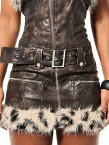 SUMWON WOMEN Faux Leather Strapless Biker Mini Dress With Faux Fur Trim Belt Detail Zipper Party - Brown - View 4