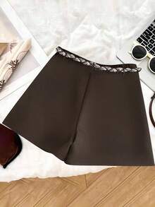 Franclia Plus Size Women's Autumn/Winter New Waist Belt Accessory Shorts, Elegant Commuter Versatile Casual Straight Leg Shorts Brown Shorts Elegant Shorts Two Piece Shorts Short Outfits Lace Up Shorts - Brown - View 2