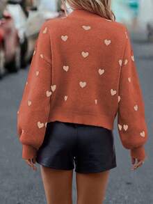 EMERY ROSE Heart Pattern Lantern Sleeve Sweater, Casual Autumn/Winter - Orange - View 2