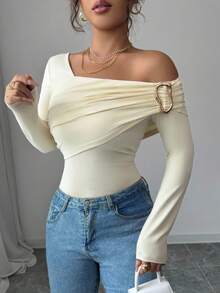 SHEIN Elenzya 女士奶油黄色 T 恤，新款秋冬不对称露肩套头衫，带金属纽扣，百搭通勤风格，适合万圣节、情人节、新年、婚礼、派对、约会、休闲外出 - 黃色 - 查看 3