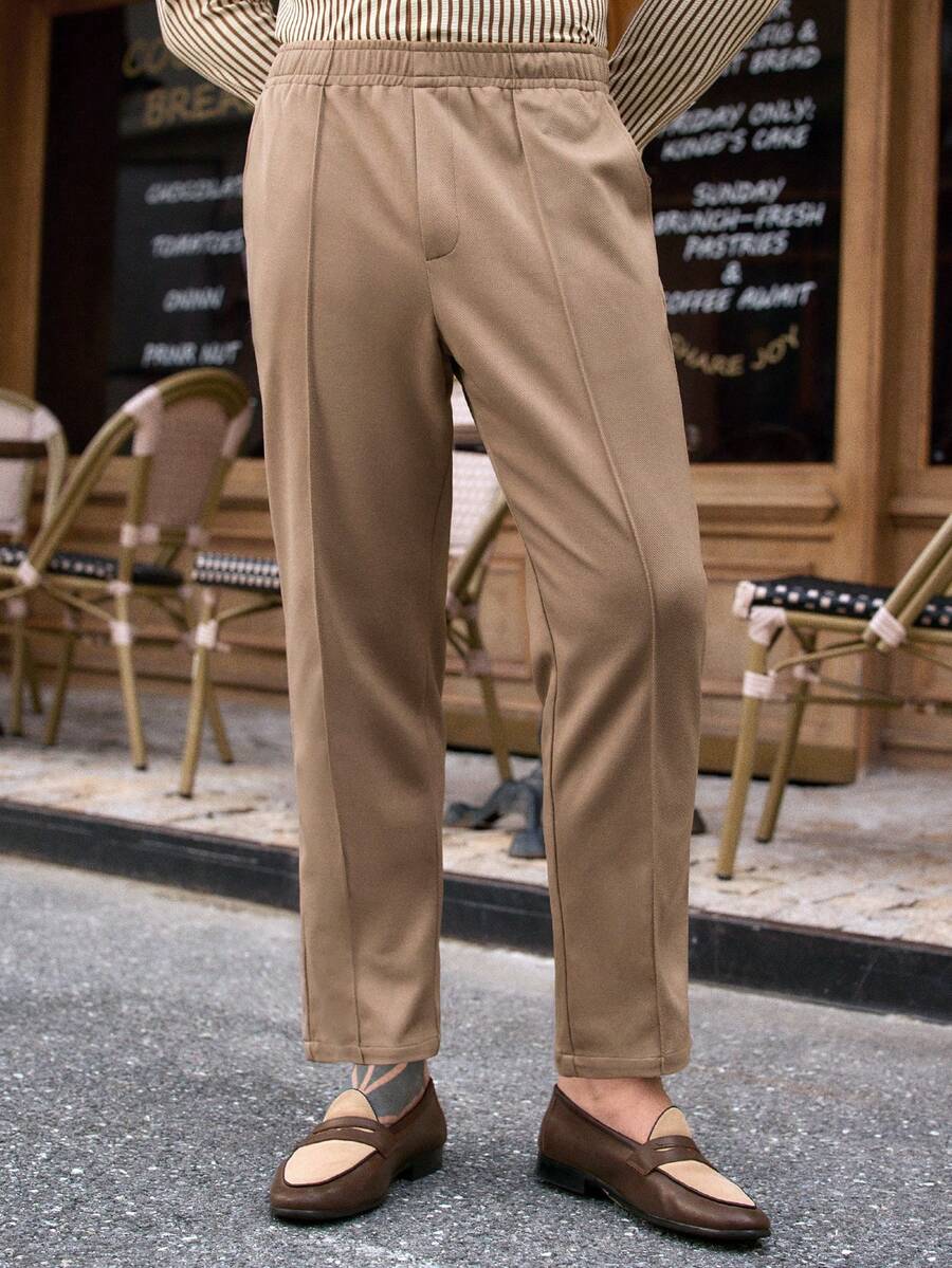 Manfinity NXTstreet Quần tây nam màu kaki xếp ly phong cách vintage đường phố, quần tây nam thu đông màu kaki, quần tây cạp cao, quần tây công sở màu nâu, quần nhung kẻ. - Màu Khaki - Xem 1