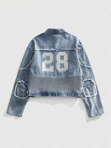 ROMWE MEN Street Life Men's Casual Washed Denim Jacket With Embroidered Digits, Autumn - Blue - View 1