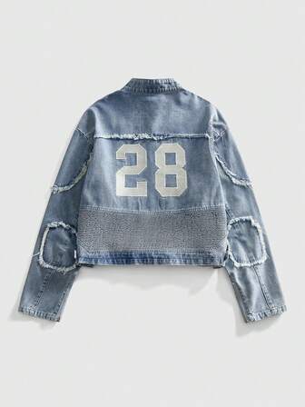 Street Life Giacca di jeans casual lavata da uomo con cifre ricamate, autunnale