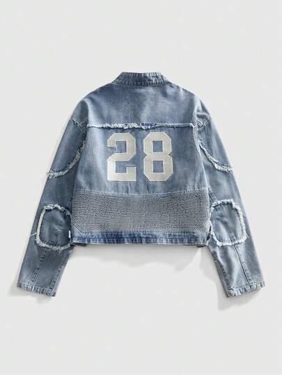 ROMWE MEN Street Life Men's Casual Washed Denim Jacket With Embroidered Digits, Autumn