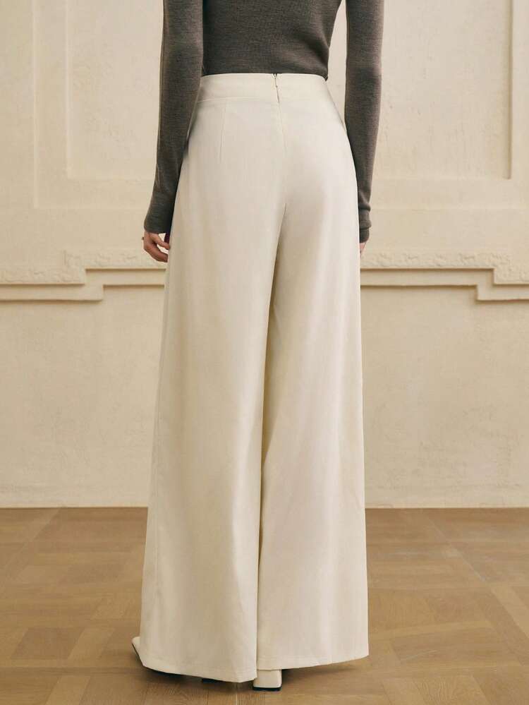 Cévolie 女士纯色褶皱高腰双扣装饰阔腿裤 - 白色 - 查看 2