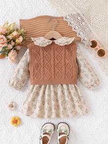 SHEIN Vintaside Kids Baby und Mädchen modischer, süßer, vielseitiger echter 2 Stücke Pullover-Set, gestrickter Pullunder und gewobenes Kleid mit Peter-Pan-Kragen für Oberbekleidung - Kamelfarben - Übersicht 2