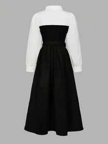 青少年女孩优雅长袖衬衫领连衣裙，二合一设计，非常适合春季、秋季和冬季休闲通勤穿着 - 黑與白 - 查看 2