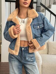 Rivivi Women's Thermal-Lined Denim Jacket With Pockets, Long Sleeve, Autumn/Winter - Blue - View 7