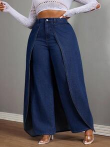 Slaydiva Quần ống đứng chắp vá denim màu xanh không co giãn phong cách cowgirl cỡ lớn mùa đông cho nữ - Rửa tối - Xem 3