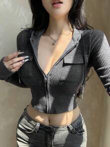 Áo crop top trùm đầu thường ngày bằng vải nỉ có họa tiết dành cho nữ, có túi lớn, phong cách tiện dụng ngoài trời, tay dài, ôm sát, phù hợp cho mùa thu và xuân Y2K - Màu xám đen - Xem 7