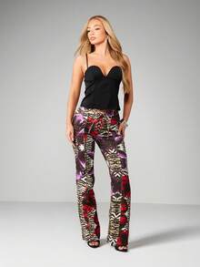 MISSGUIDED Quần jeans ống loe buộc dây cạp trễ họa tiết động vật kết hợp với quần denim co giãn họa tiết hoa hồng tím - Nhiều màu - Xem 3