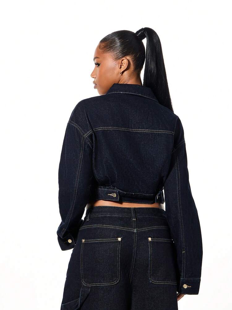 SUMWON WOMEN Chaqueta vaquera corta de gran tamaño con detalles dorados