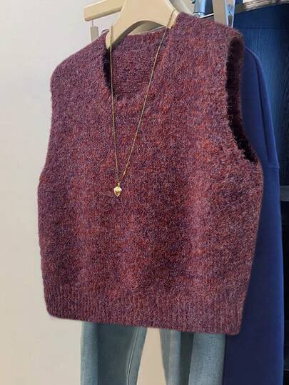 GlowEve 女士休闲日常圆领宽松针织毛衣背心，秋冬