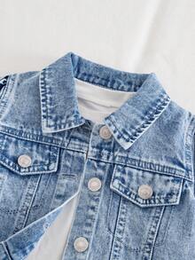 2pcs/Set Young Girl Casual Denim Jacket With Bow And Skort Set, Spring/Autumn - Light Wash - View 3
