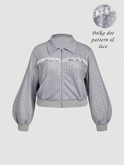 SHEIN MOD 大码女式休闲日常通勤波尔卡圆点印花撞色蕾丝拉链夹克，春秋季