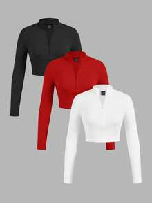 SHEIN EZwear 3pcs Women Zip-Up Ribbed Fabric Mock Neck Long Sleeve T-Shirt Set, Suitable For Spring & Autumn