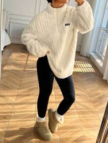 SHEIN EZwear 2 Stücke Sportlicher, minimalistischer Stil Abzeichen Reißverschluss Woll-Mischung Kapuzenpullover & Leggings Set für Damen, geeignet für Herbst/Winter - Aprikosenfarben - Übersicht 6