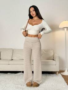 SHEIN PETITE 女式休闲通勤宽松阔腿裤，翻边腰身和拼色条纹图案 - 卡其色 - 查看 4