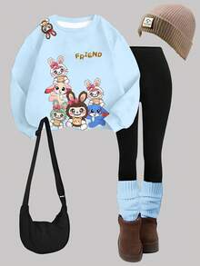 1 Set Young Girls Cute Cartoon Big Ear Rabbit Pattern Blue Crew Neck Sweatshirt And Leggings Set, Autumn/Winter Daily Outfit And School Wear - Multicolor - View 1