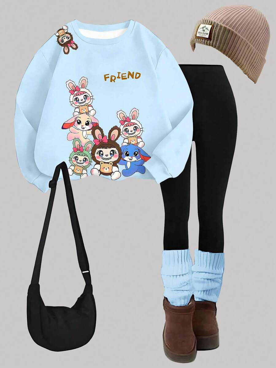1 Set Young Girls Cute Cartoon Big Ear Rabbit Pattern Blue Crew Neck Sweatshirt And Leggings Set, Autumn/Winter Daily Outfit And School Wear - Multicolor - View 1