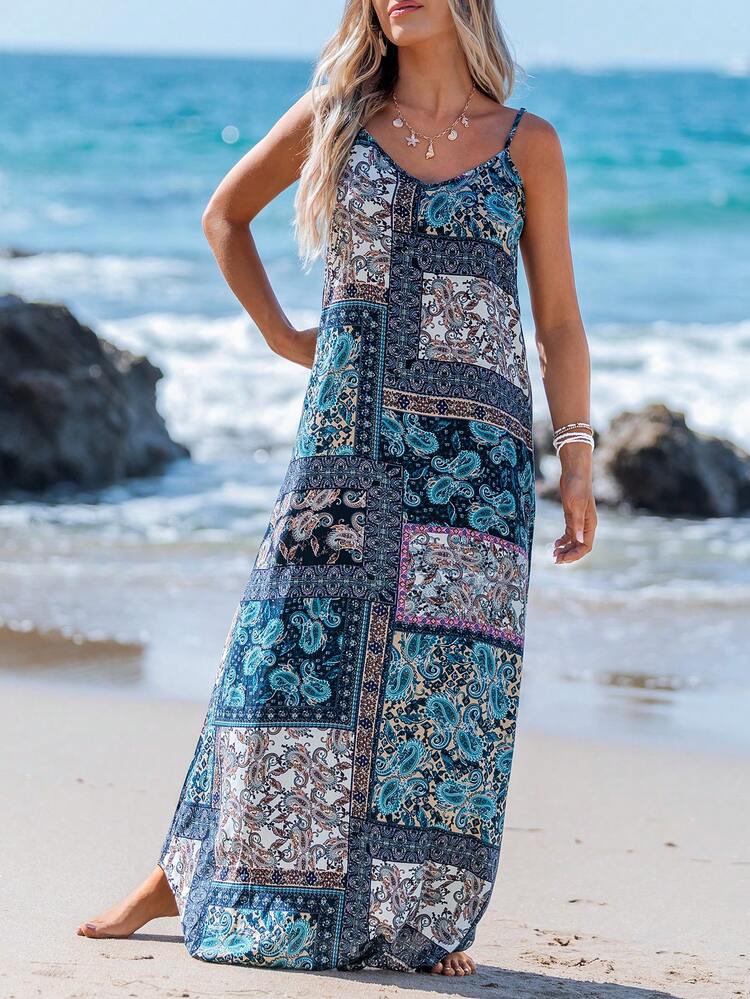 Women Summer Holiday Loose Peasent Print Spaghetti Strap Dress