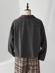 Manfinity BRENVOR Áo sơ mi nam tay dài cổ màu tương phản, đơn hàng, túi thường ngày, mùa thu - Xám - Xem 4