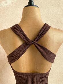 Soleia 女式夏季时尚扭纹后背纹理迷你连衣裙 - 棕色 - 查看 3