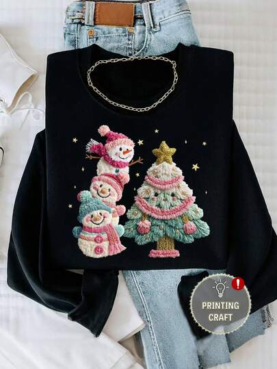 EMERY ROSE Women's Crochet Yarn Snowman, Imitation Yarn Christmas Tree Pattern Crew Neck Long Sleeve Casual Sweatshirt
