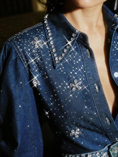 Anewsta Camisa azul de mujer con diamantes brillantes y de moda, adecuada para citas en otoño/invierno