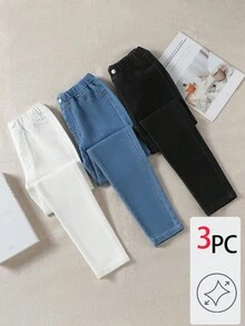 SHEIN 3 件套 TWEEN GIRLS 牛仔裤，高弹柔软牛仔面料，3 种颜色，腰部纽扣细节，休闲基本款，百搭版型，适合秋冬季，新款高价值牛仔裤套装 - 彩色 - 查看 3