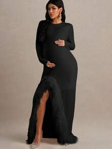 MaterniChic Pregnant Women's Elegant Patchwork Fuzzy Trim Long Sleeve Split Dress, Autumn - Black - View 1