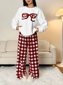 SHEIN PETITE 毛绒上衣和毛绒裤子家居套装 - 紅色 - 查看 10