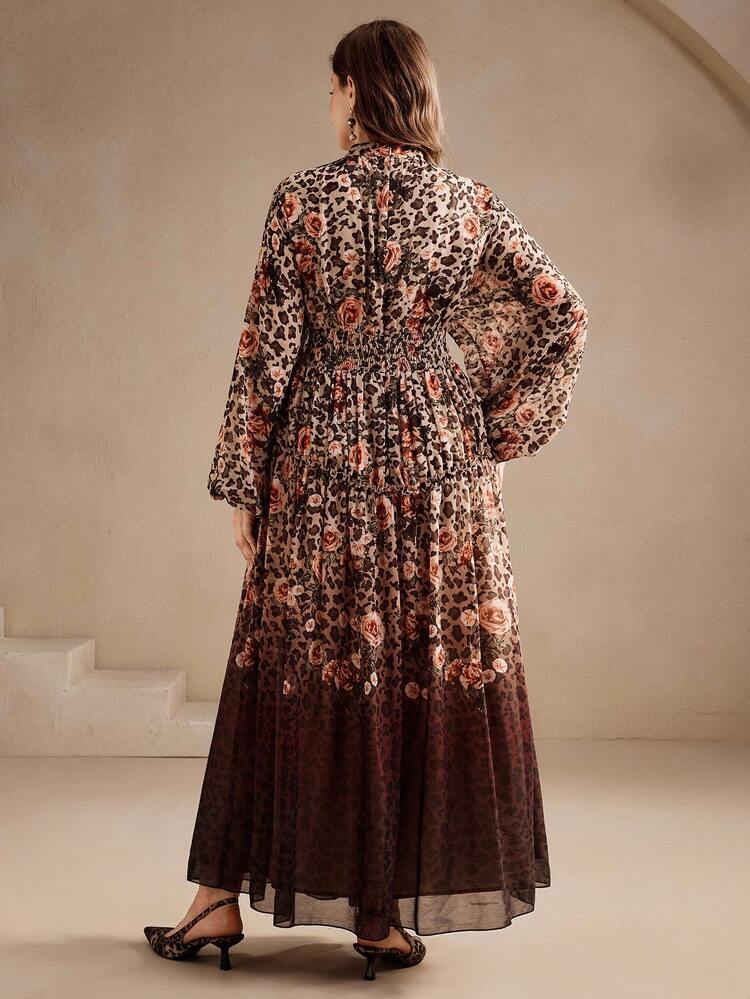 Plus Size Women's High-End Leopard Print Gradient Dye Vintage Stand Collar Long Dress, Autumn/Winter