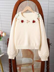 女童乡村手工刺绣可爱圆领长袖针织毛衣上衣，秋冬 - 米色 - 查看 1