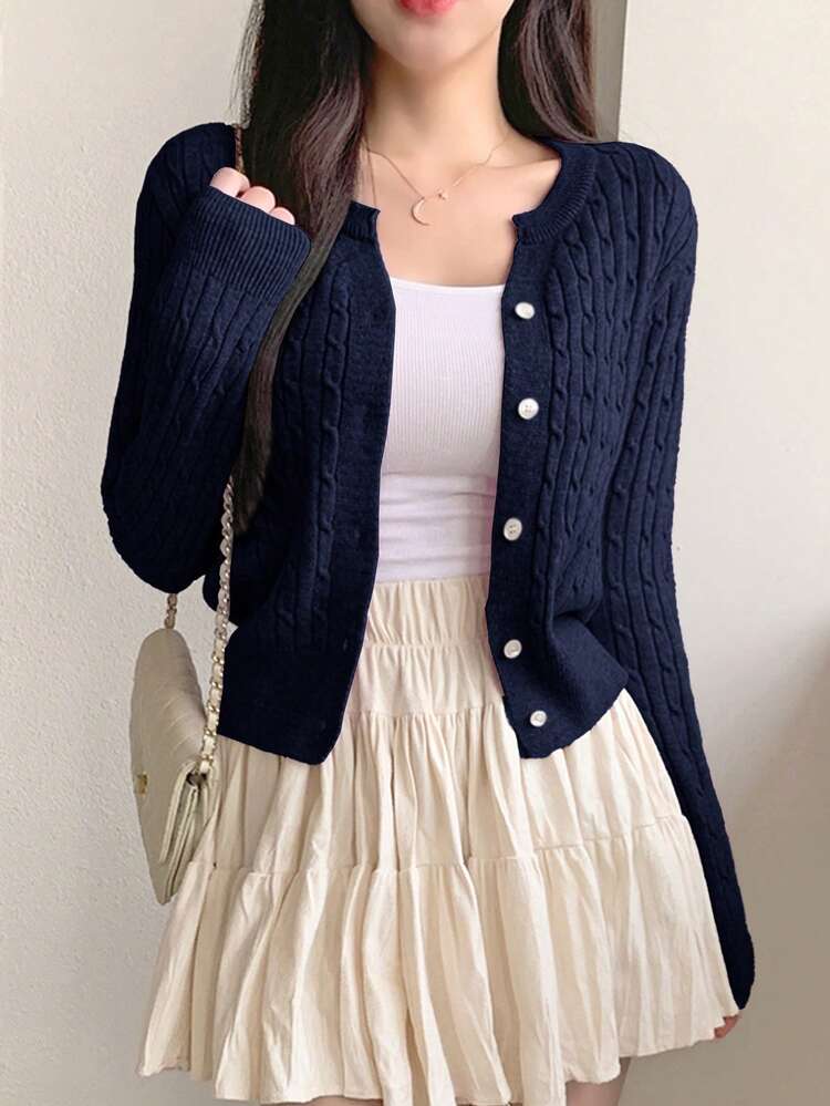 Women's Casual Twist Knit Cardigan With Single-Breasted Button Closure, Long Sleeve, Autumn/Winter