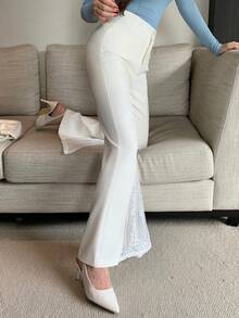 DAZY 女式优雅纯色蕾丝拼布喇叭裤 - 米色 - 查看 8