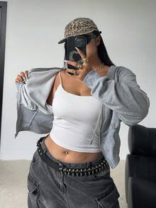 POPSWAY Plus Size Women Gray Knit Casual Cardigan - Grey - View 7