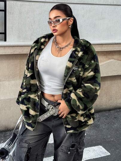 Muchica 大码女式迷彩印花加厚保暖拉链外套，带口袋，秋冬季保暖