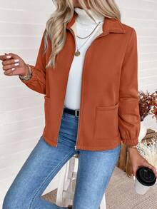 EMERY ROSE Áo khoác dài tay lót nhiệt có khóa kéo đa năng, thời trang thu đông - trái cam - Xem 4