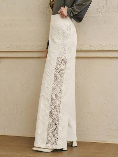 Cévolie 女式高腰优雅杏色蕾丝花边阔腿裤