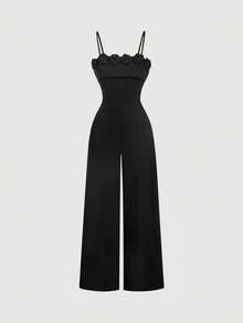 SHEIN MOD 女士优雅纯色3D立体花卉装饰连体裤，黑色连体裤，优雅黑色连体裤，玫瑰花装饰连体裤，吊带连体裤，阔腿连体裤，圣诞节，新年服装，圣诞派对服装，优雅，派对连体裤，时尚吸血鬼服装 - 黑色 - 查看 3