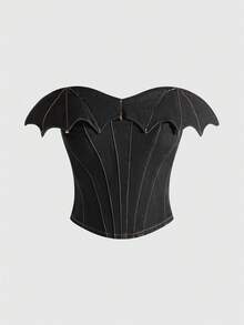 ROMWE Gothic Bat Asymmetric Collar Topstitch Design Stretchy Fitted Denim Top - Black - View 2