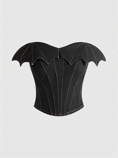 Goth Gothic Bat Asymmetric Collar Topstitch Design Stretchy Fitted Denim Top
