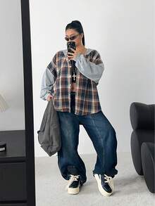 POPSWAY Felpa con cappuccio oversize in stile patchwork a quadri, manica lunga, autunnale - Multicolore - Visualizzare 4