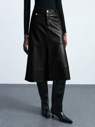 Maija Women's Classic PU Metal Buckle Design Skirt, Suitable For Urban Commute, Business, And Casual Wear, Autumn/Winter,Fall,Fall Clothes For Women