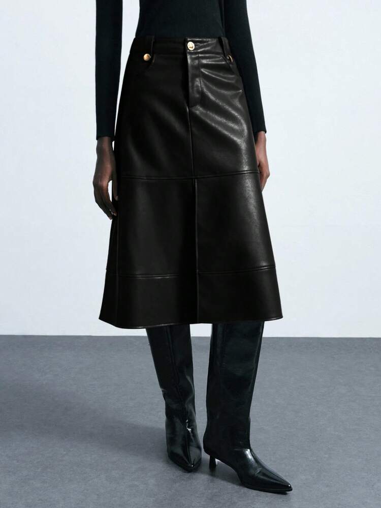 SHEIN Maija Women's Classic PU Metal Buckle Design Skirt, Suitable For Urban Commute, Business, And Casual Wear, St Patrick's Day Women Easter Summer Holiday Beach Vacation Summer Going Out Graduation