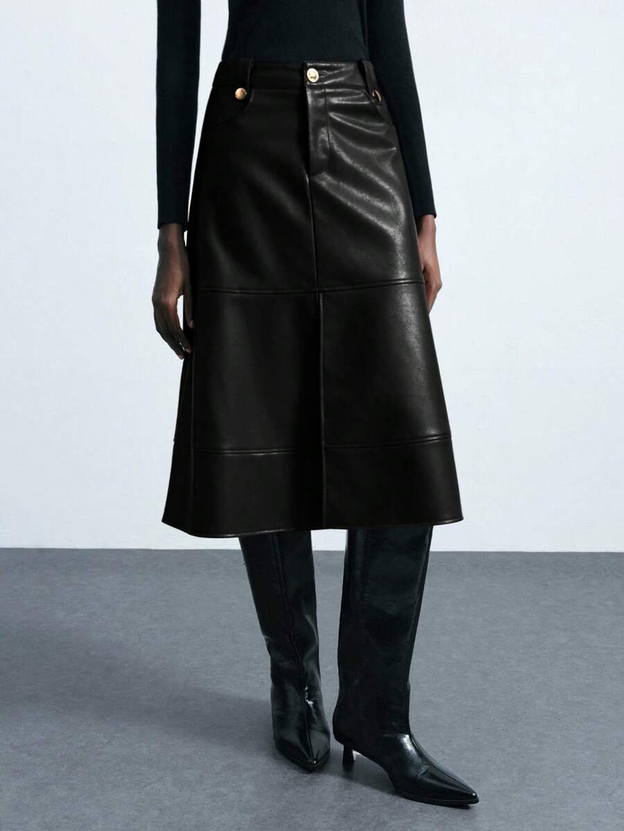 Maija 女士经典PU金属扣设计半身裙，适合都市通勤、商务及休闲穿着，也适合圣帕特里克节、复活节、夏季假期、海滩度假、夏季外出、毕业典礼等场合。 - 黑色 - 查看 1