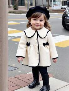 Robe de fille tout-petit à col contrasté, nœud papillon et texture de tissu mignonne. Convient pour le printemps, l'automne, l'hiver, l'intérieur, l'extérieur, la rentrée scolaire, les fêtes et le port quotidien - Multicolore - Voir 1